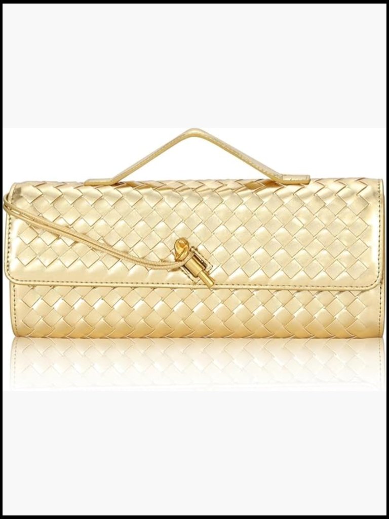 Woven Pu Leather Clutch Purse Evening Bag Metal Turn Lock Party Wedding